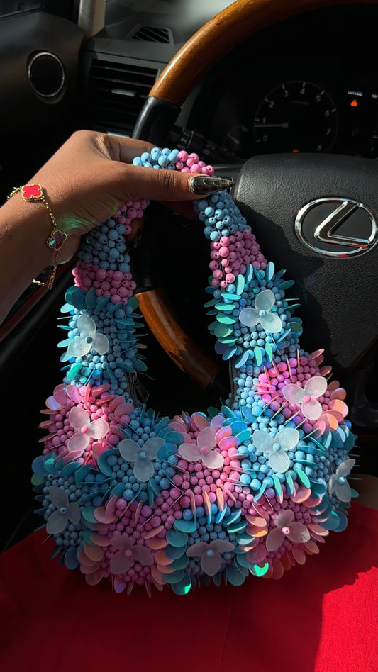 Beaded blue and pink B384
